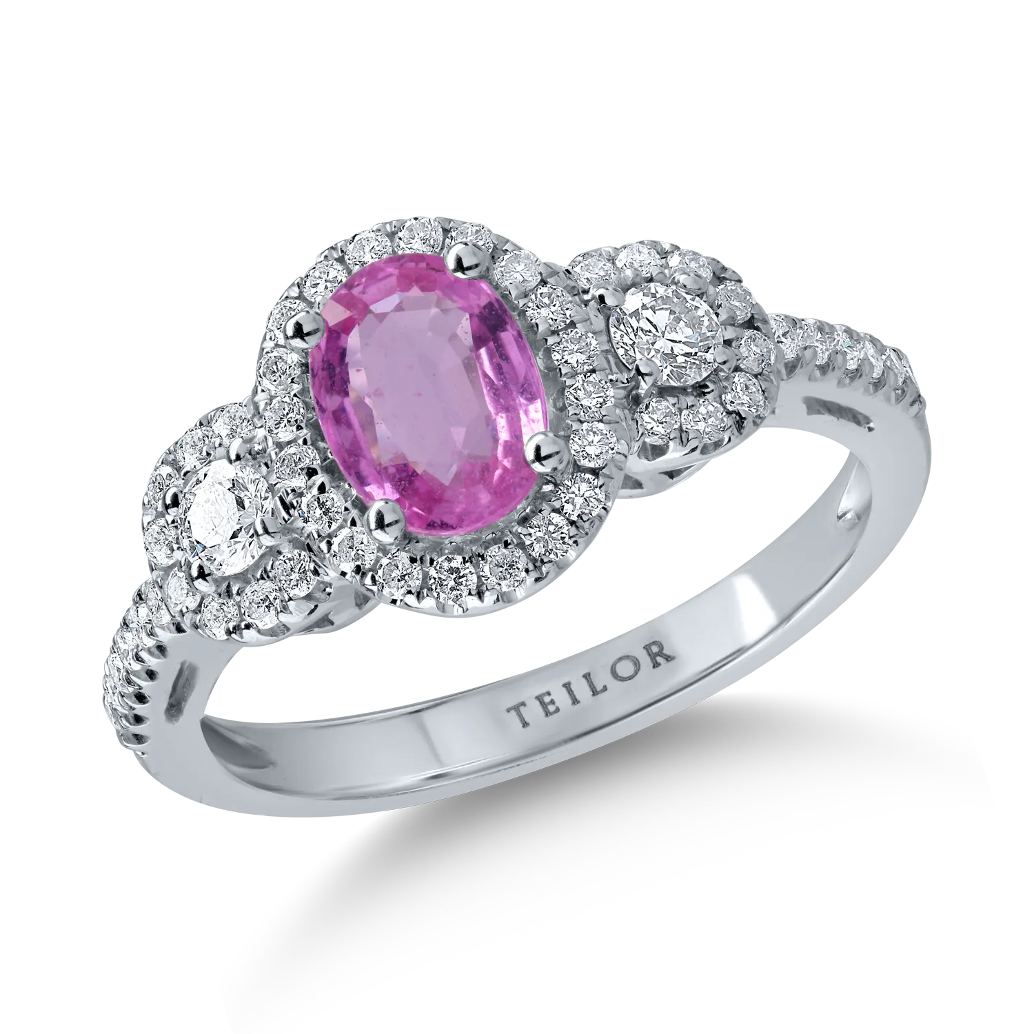 Inel din aur alb cu safir roz oval de 0.99ct si diamante de 0.5ct
