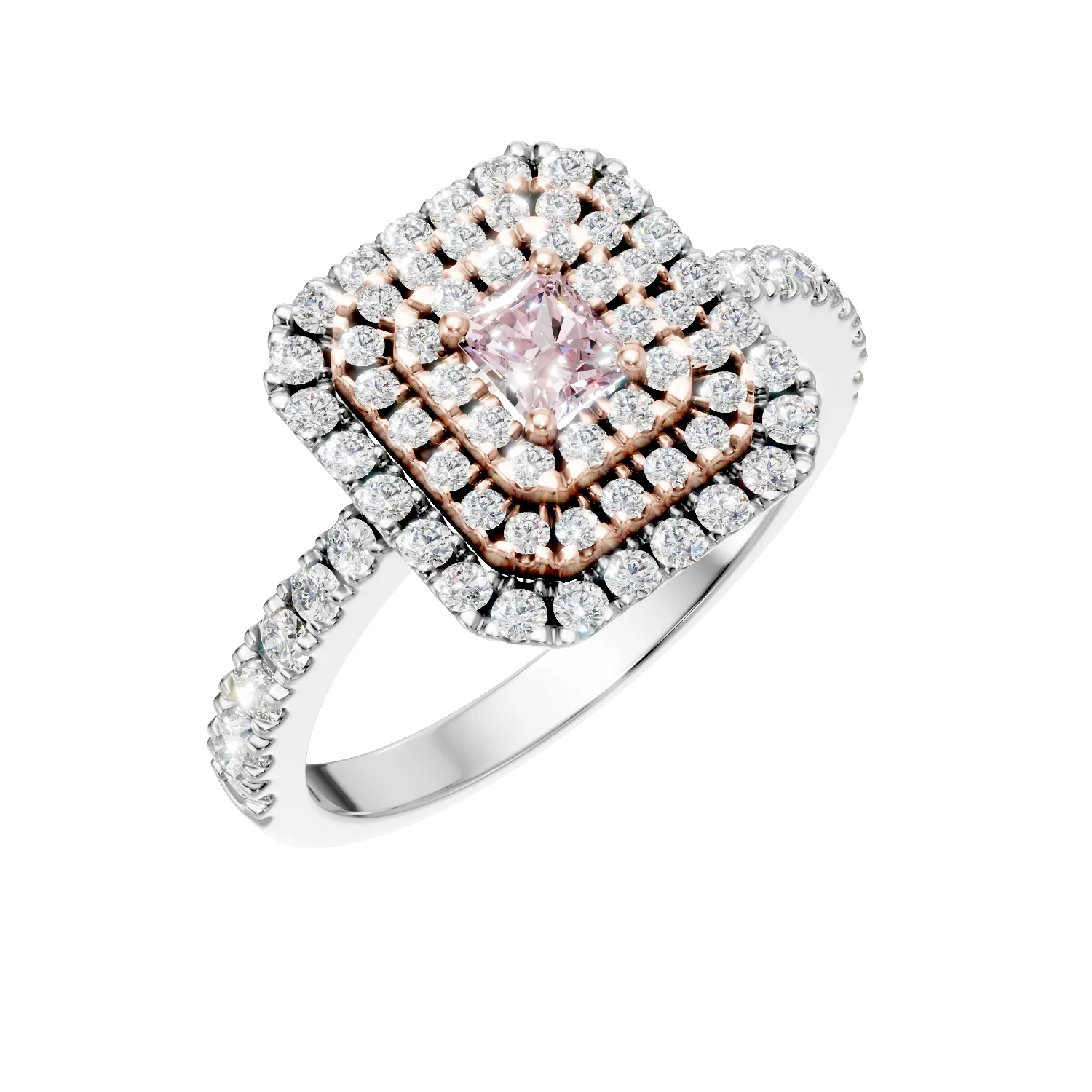 Inel din aur alb-roz cu diamante roz rectangulare si incolore de 0.8ct