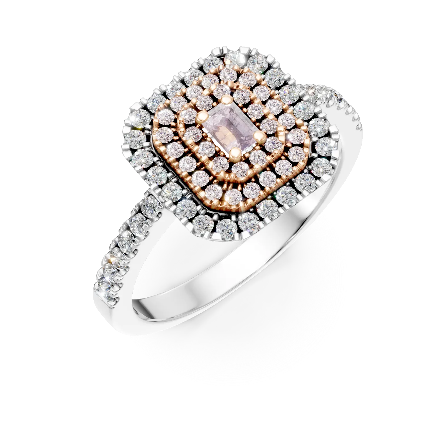 Inel din aur alb-roz cu diamante roz rectangulare si incolore de 0.8ct