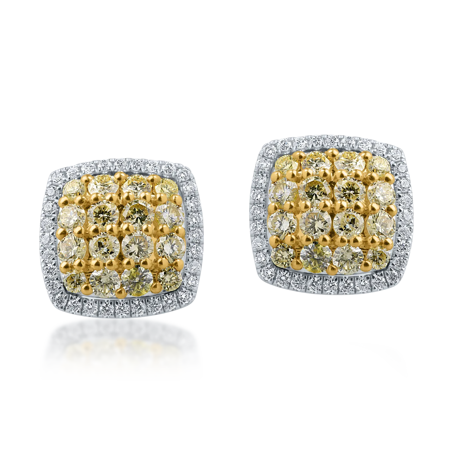 Cercei din aur alb-galben cu diamante galbene de 0.99ct si diamante transparente de 0.24ct