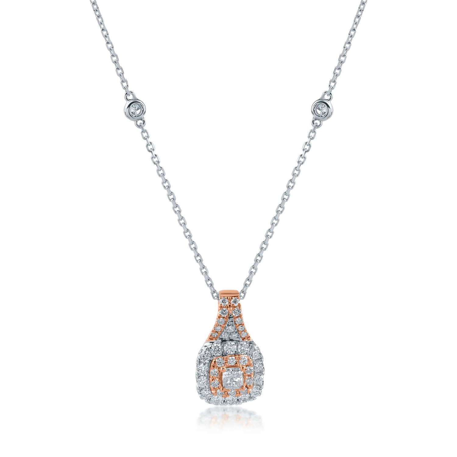 Lant cu pandantiv din aur alb-roz cu diamante roz square si rotunde de 0.3ct si diamante incolore de 0.29ct
