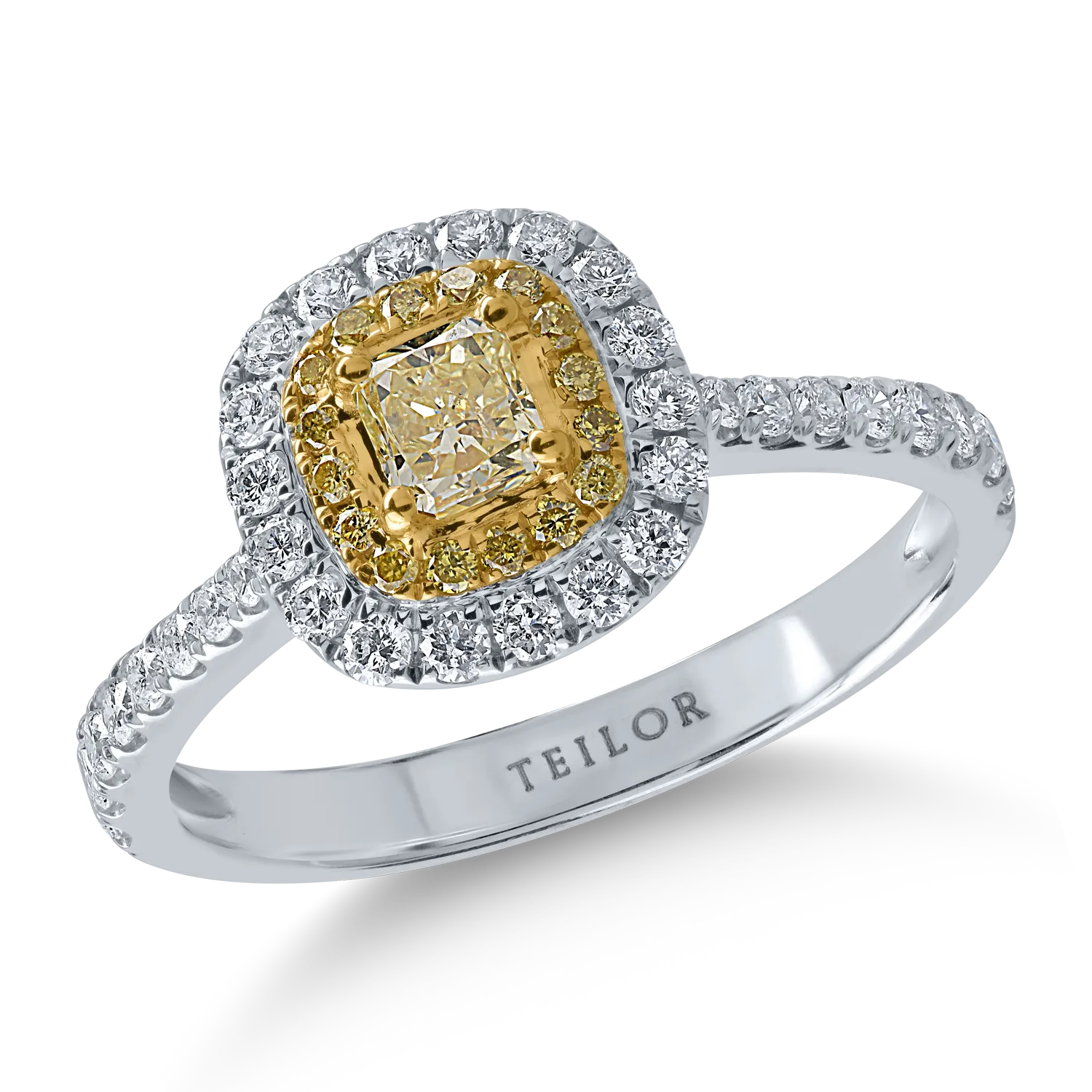Inel din aur alb-galben cu diamante galbene cushion si rotunde de 0.4ct si diamante transparente de 0.4ct