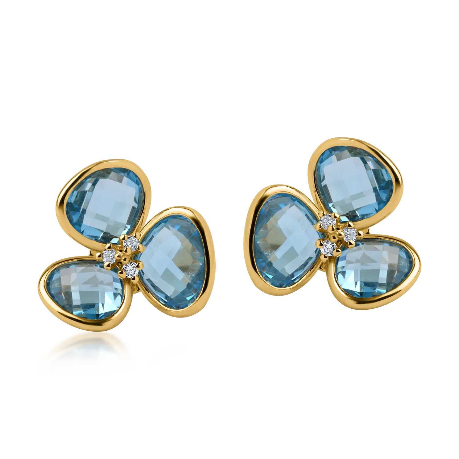 Sárga arany virágos fülbevaló 10.3ct kék topázokkal és 0.09 ct gyémántokkal