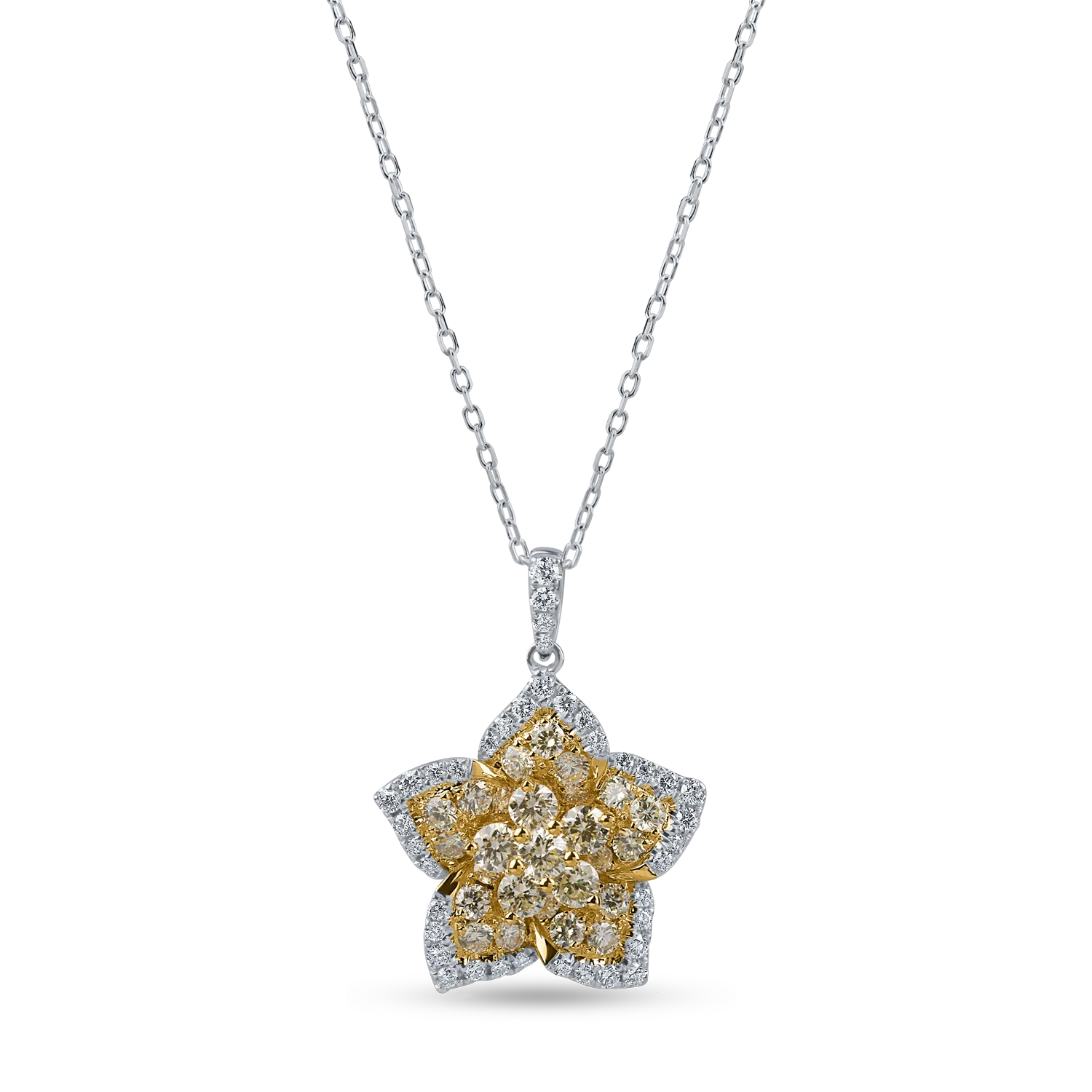 Lant cu pandantiv floare din aur alb-galben cu diamante galbene si incolore de 1.2ct