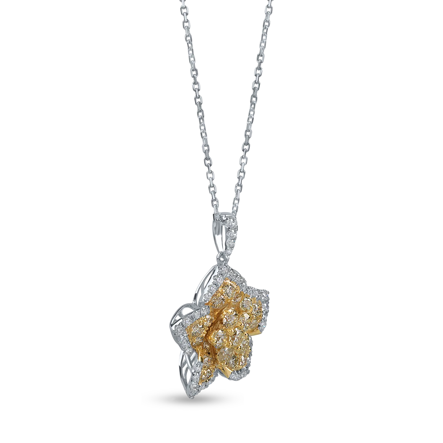 Lant cu pandantiv floare din aur alb-galben cu diamante galbene si incolore de 1.2ct