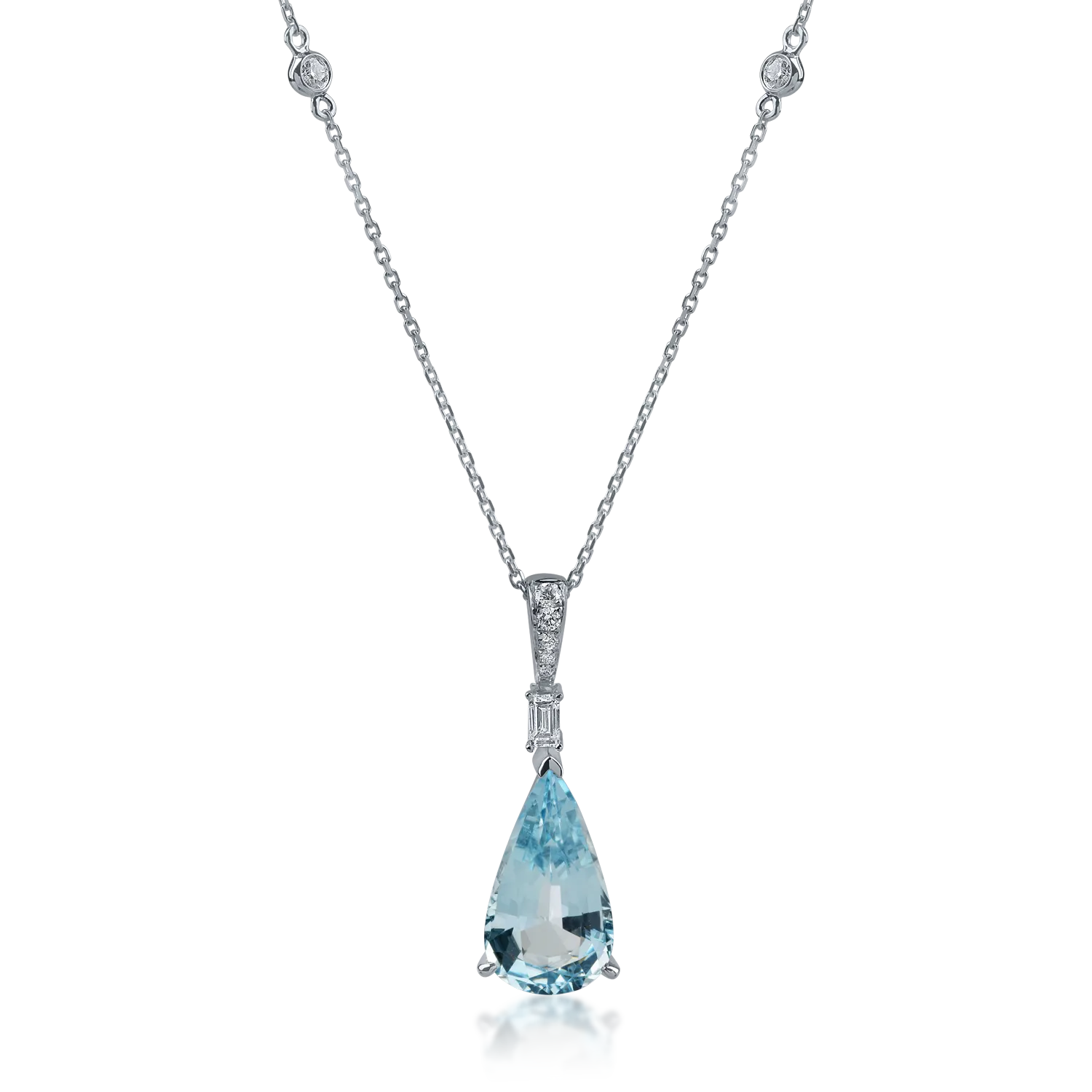 Teilor Lant cu pandantiv din aur alb cu acvamarin pear de 3.96ct si diamante baguette si rotunde de 0.15ct