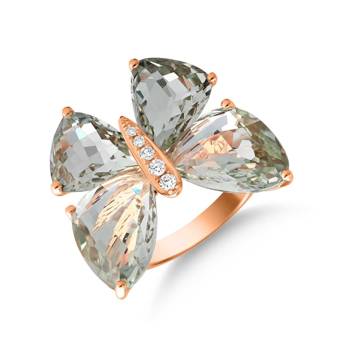 Rose gold butterfly ring with 12ct green amethysts and 0.08ct diamonds