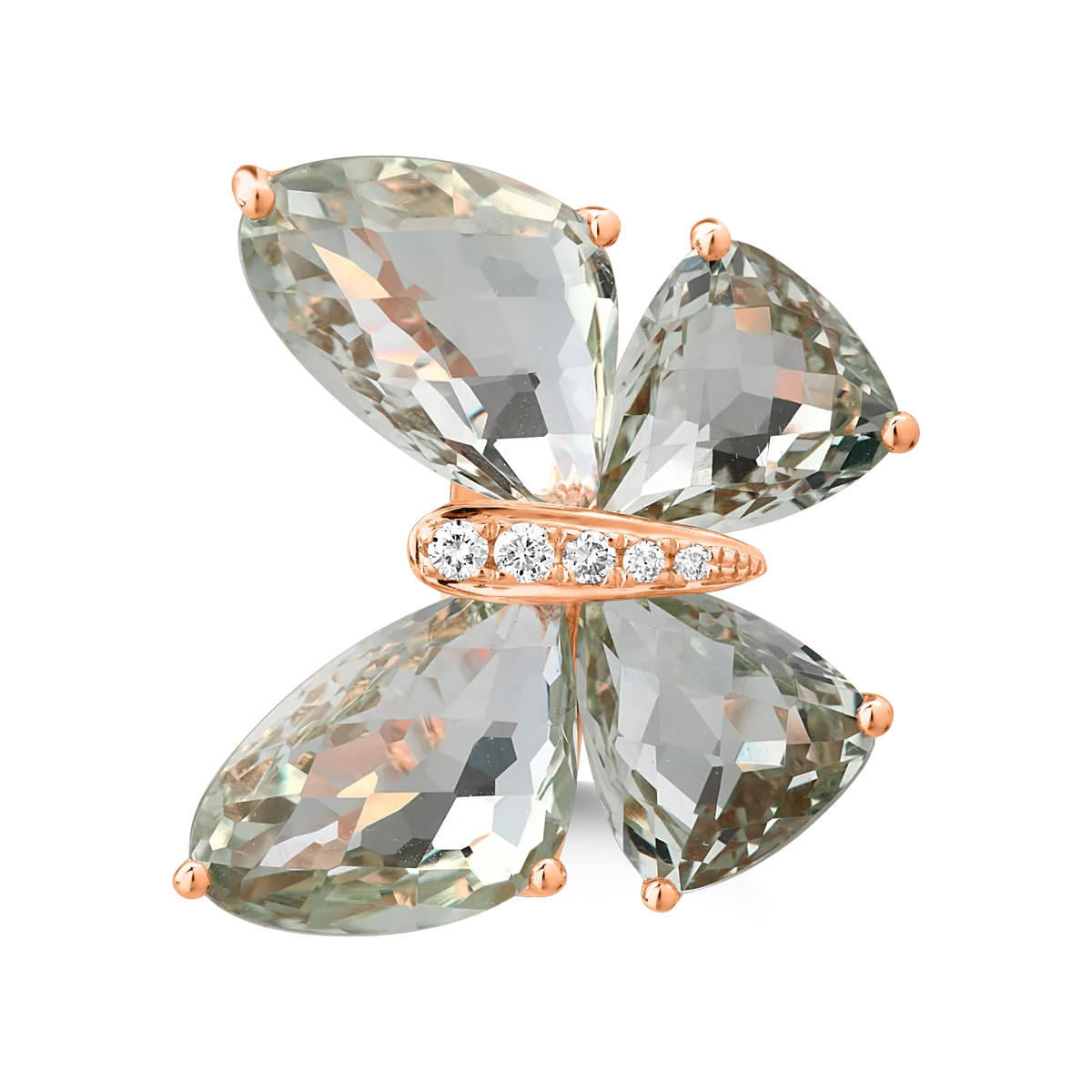 Rose gold butterfly ring with 12ct green amethysts and 0.08ct diamonds