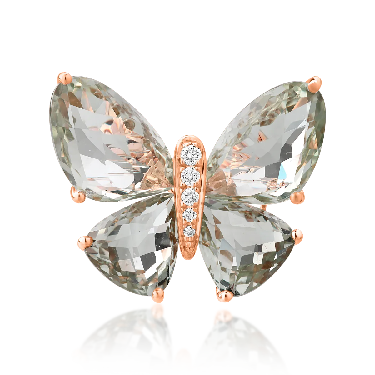 Брошка пеперуда от розово злато с 11.6кт зелени аметисти и 0.07кт диаманти