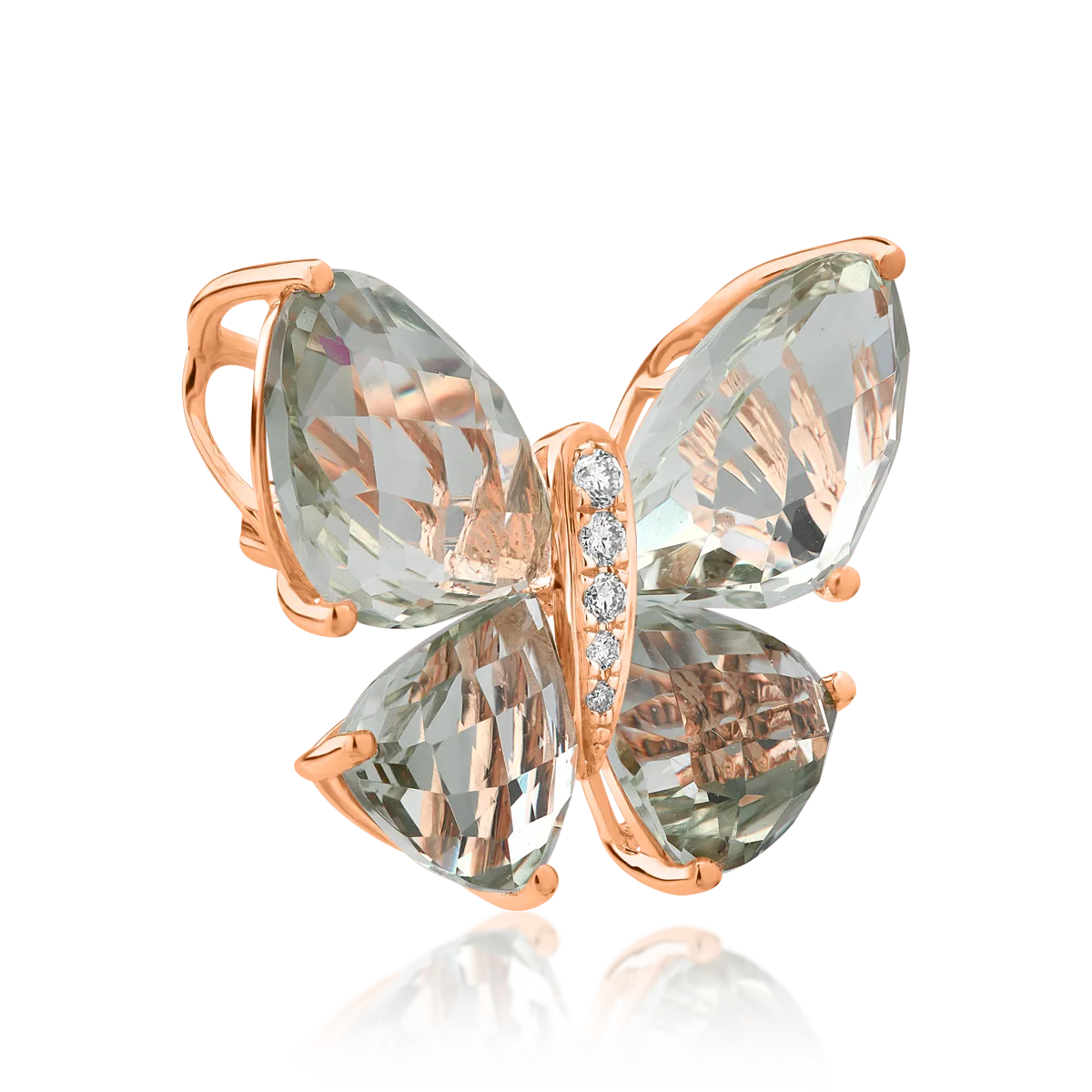 Rózsarany pillangós bross 11.6ct zöld ametiszttel és 0.07ct gyémántokkal