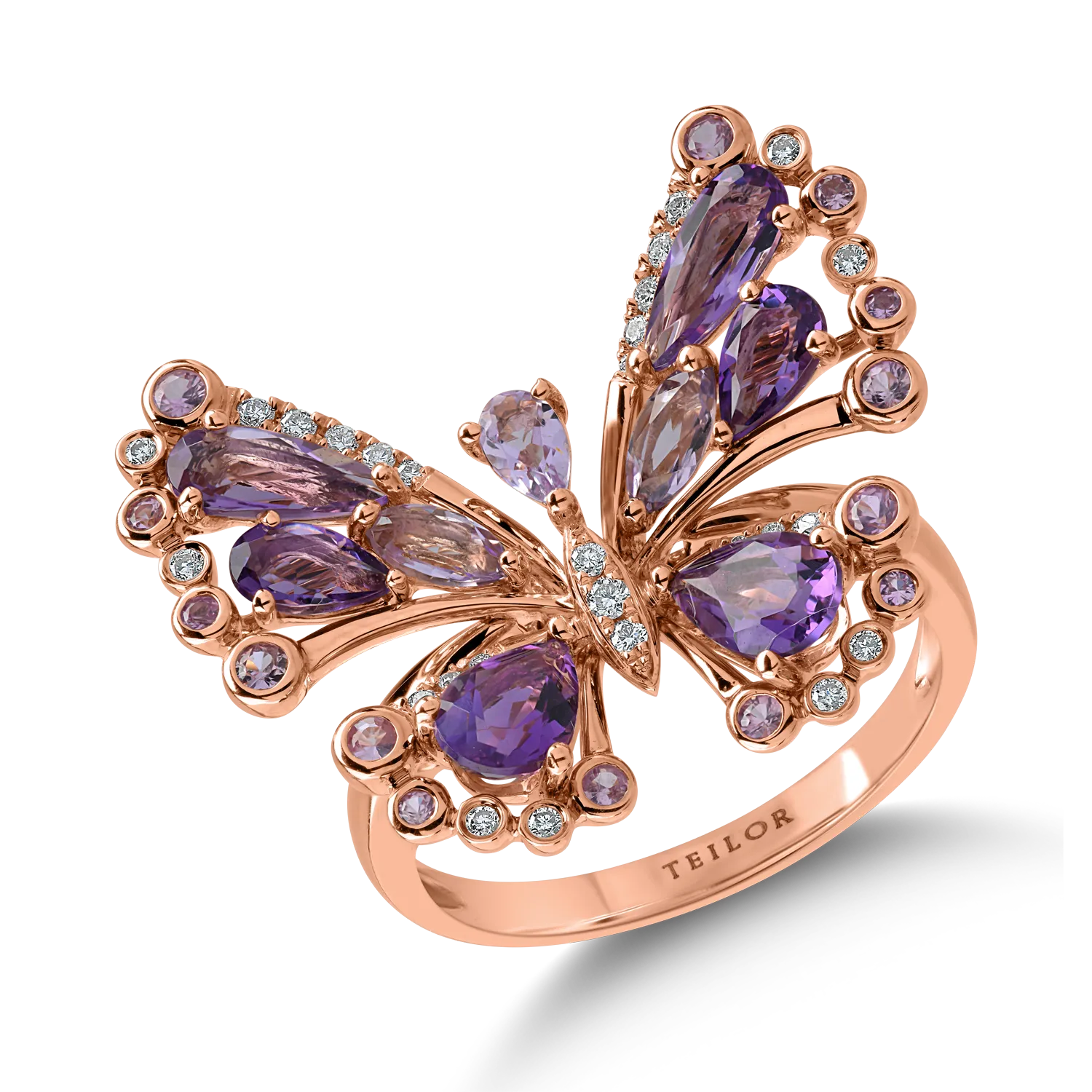 Пръстен пеперуда от розово злато със скъпоценни и полускъпоценни камъни 2.54кт