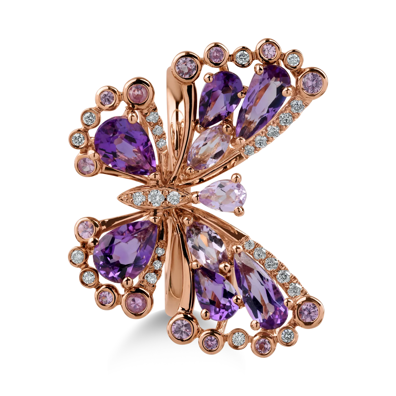 Rose gold butterfly ring with 2.54ct precious and semi-precious stones