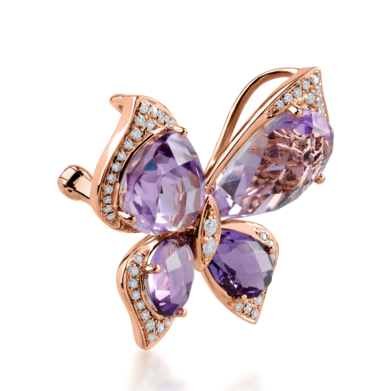 Rose gold butterfly brooch with 8.6ct amethysts and 0.23ct diamonds