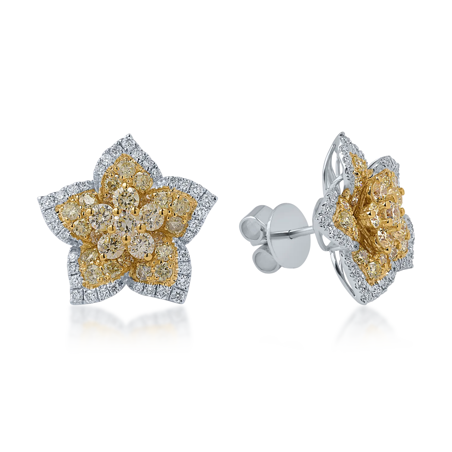 Cercei din aur alb-galben cu diamante galbene si incolore de 1.9ct
