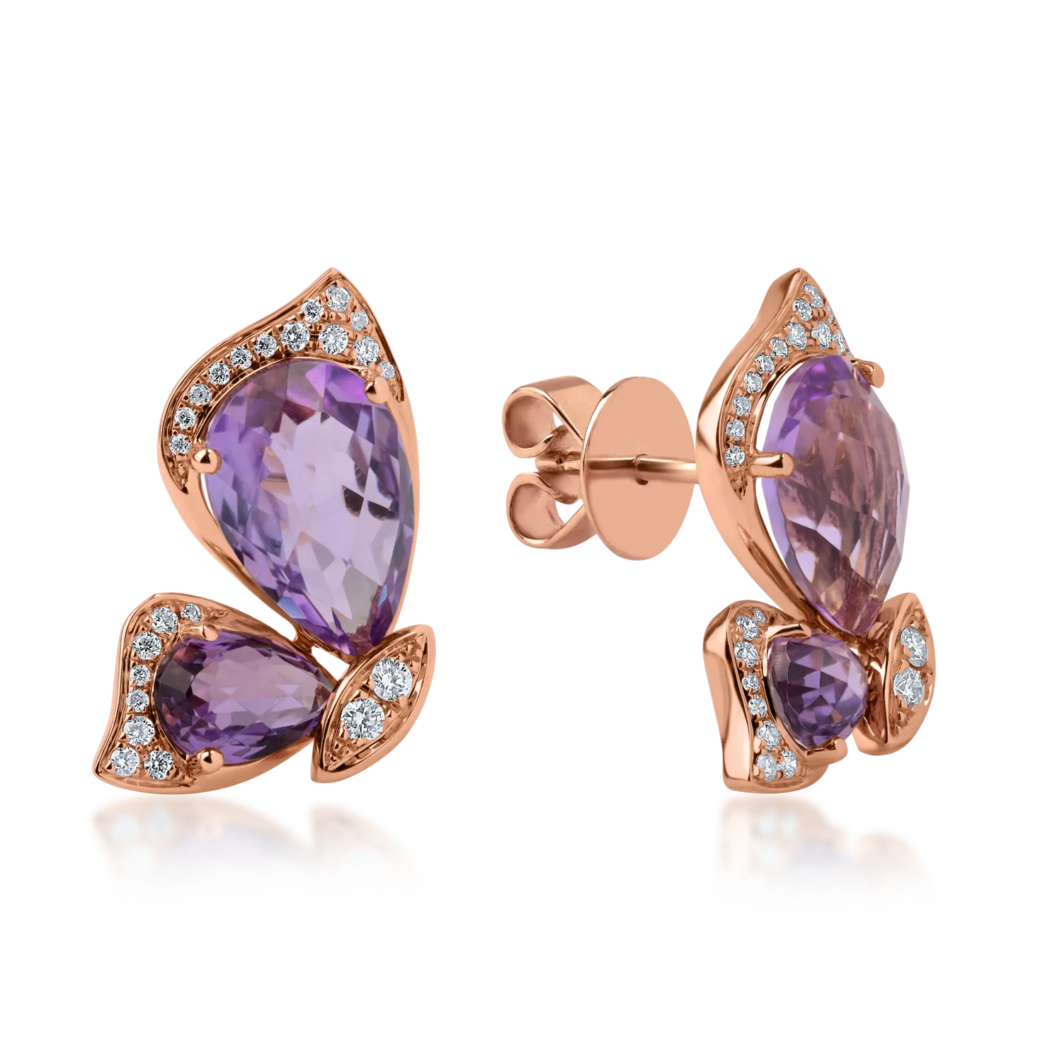 Cercei fluture din aur roz cu ametiste de 5.6ct si diamante de 0.25ct