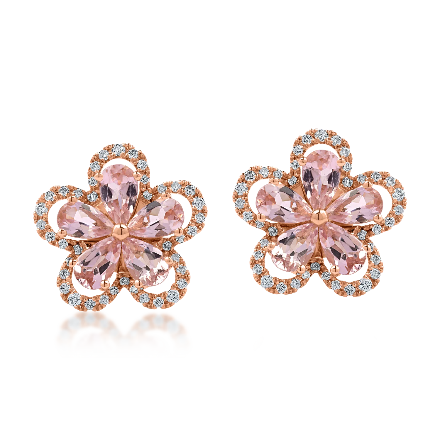 Cercei floare din aur roz cu turmaline roz de 1.9ct si diamante de 0.31ct