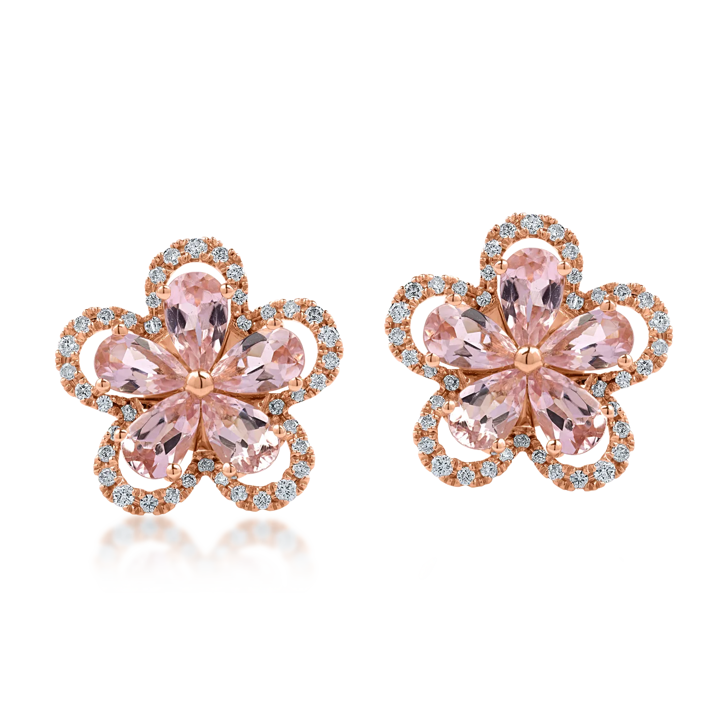 Teilor Cercei floare din aur roz cu turmaline roz pear de 1.9ct si diamante de 0.31ct