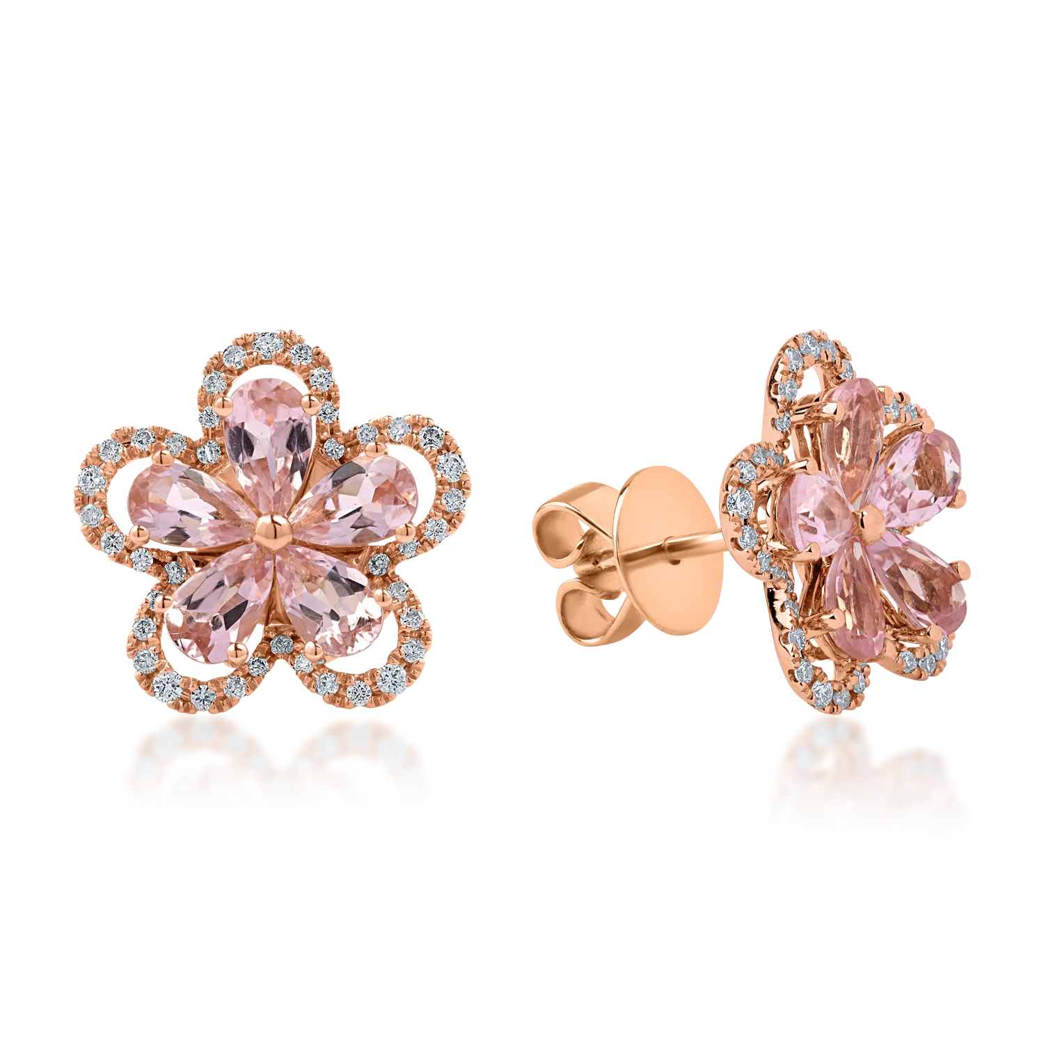 Cercei floare din aur roz cu turmaline roz pear de 1.9ct si diamante de 0.31ct
