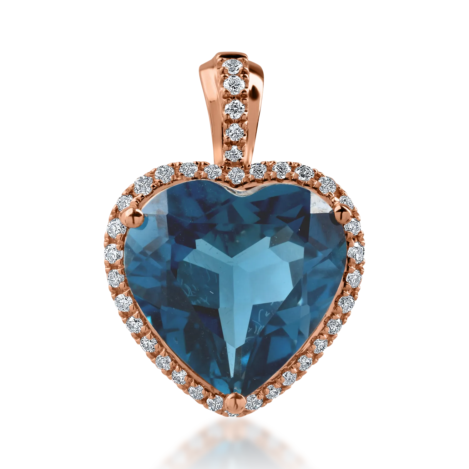 Rózsarany szív medál 5.4ct londoni kék topázzal és 0.16ct gyémántokkal