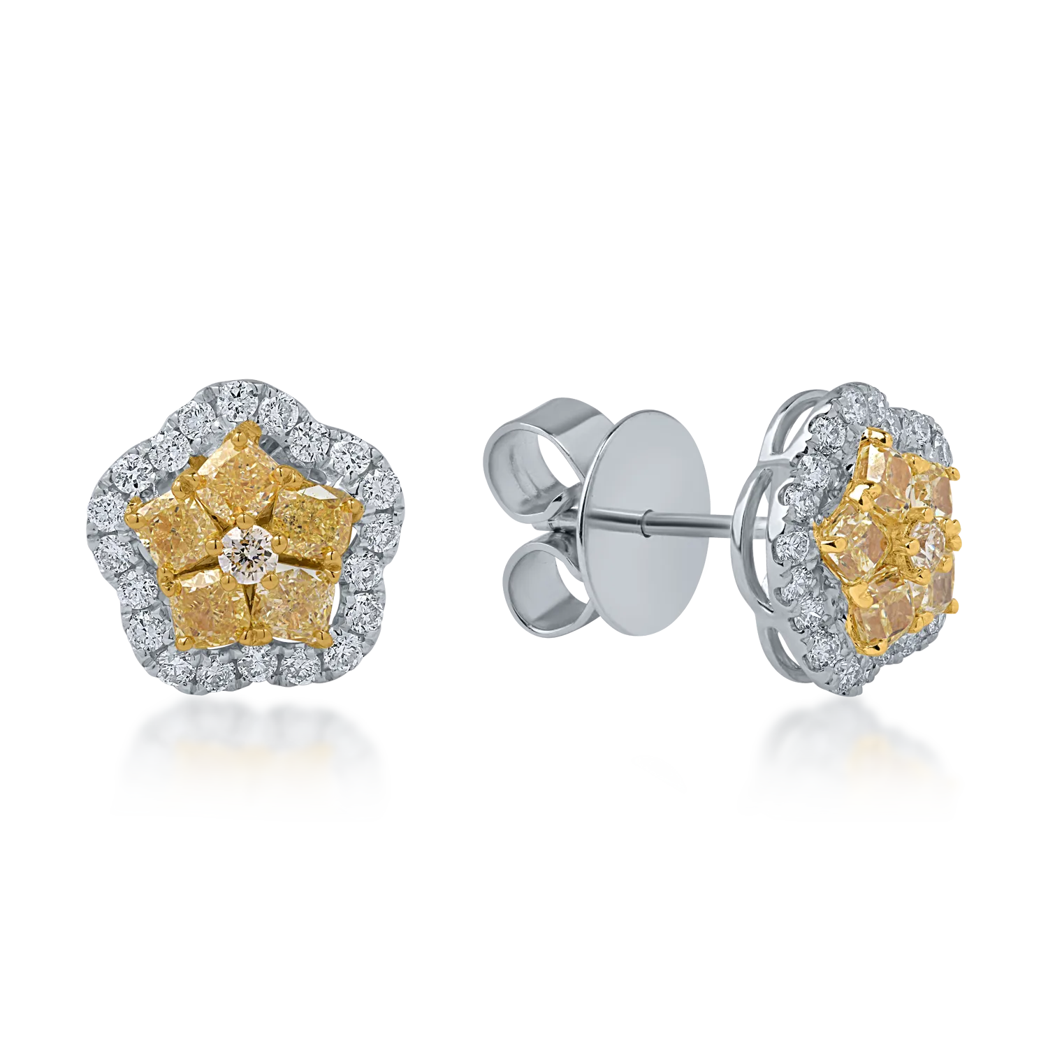 Kolczyki kwiatowe z biało-żółtego złota z żółtymi diamentami o masie 1.24ct i przezroczystymi diamentami o masie 0.44ct