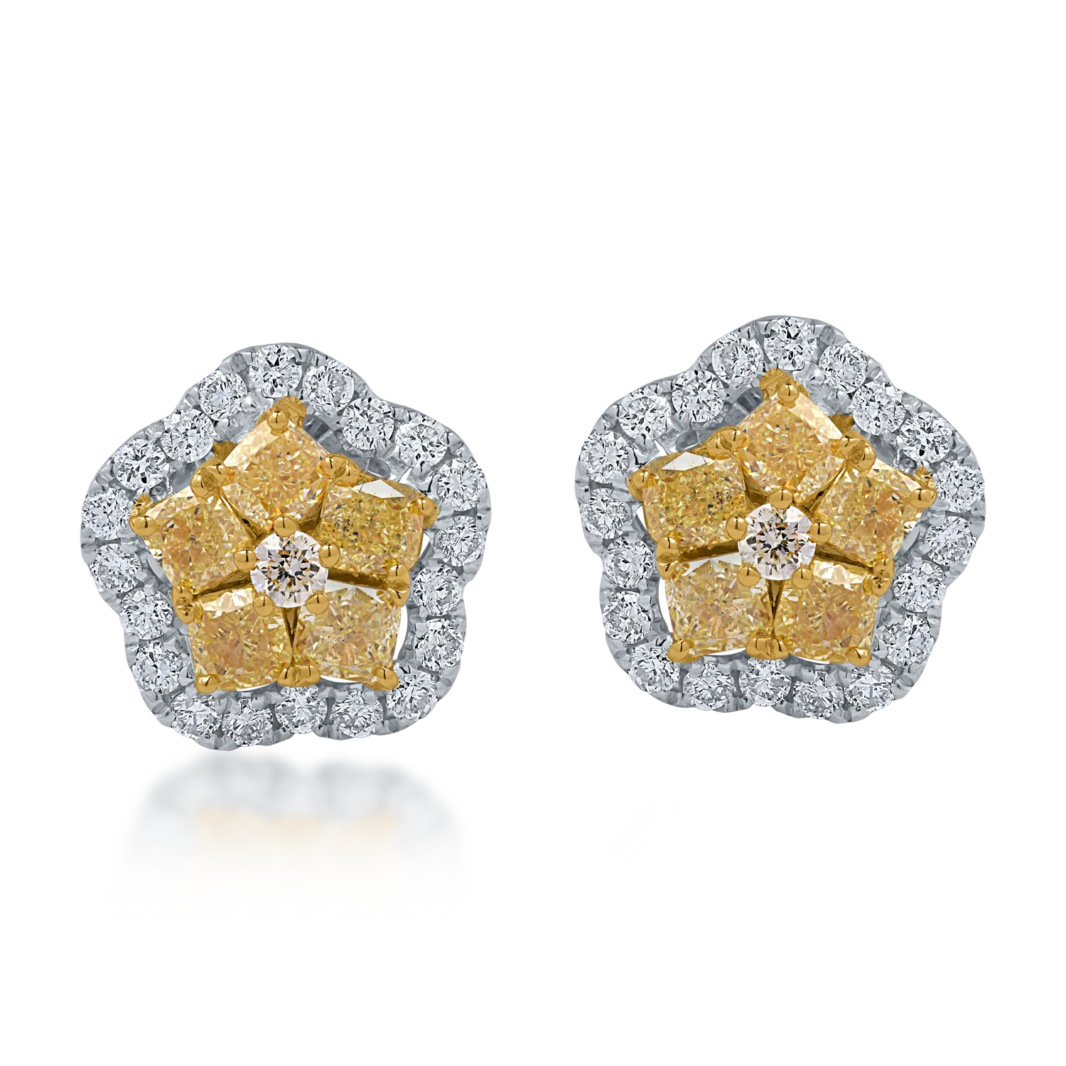 Biało-żółte kolczyki w kształcie kwiatów z żółtego i przezroczystego diamentu o masie 1.5ct