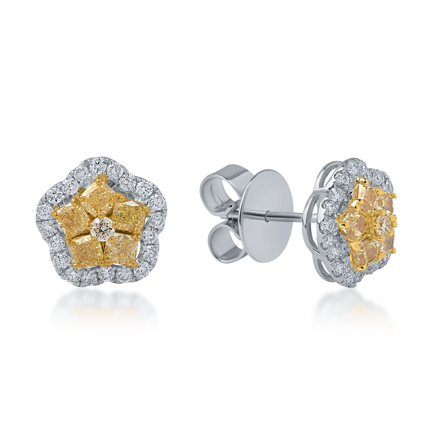 Cercei floare din aur alb-galben cu diamante galbene si incolore de 1.5ct