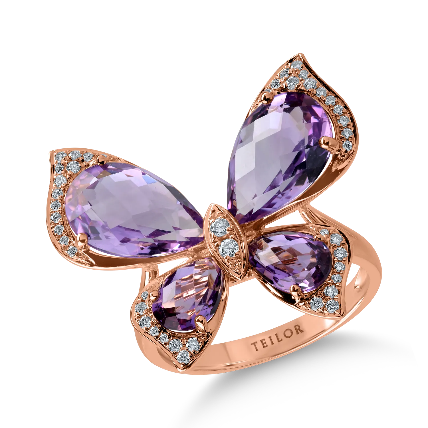 Rose gold butterfly ring with 5.6ct pink amethysts and 0.21ct diamonds