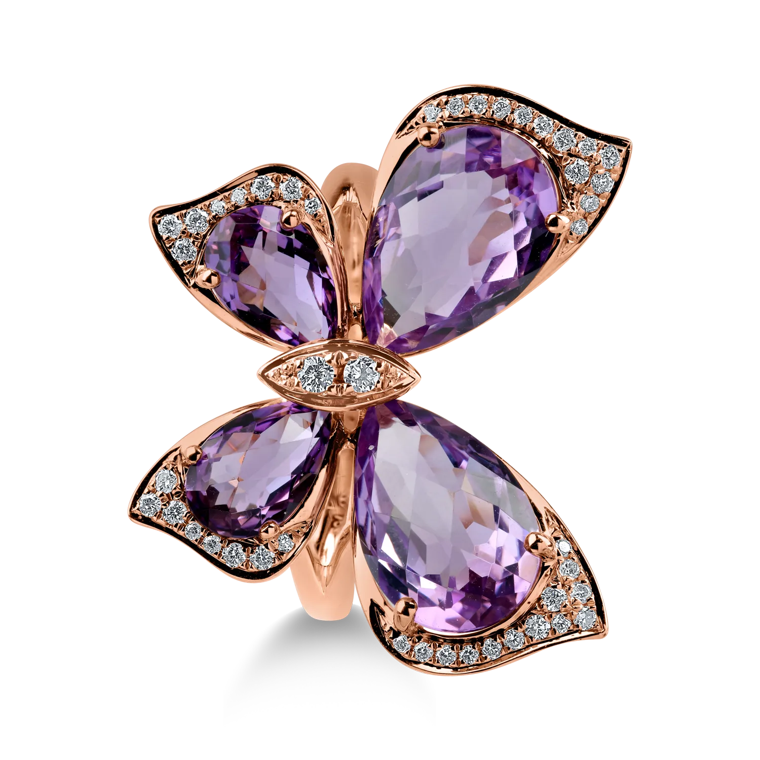 Rose gold butterfly ring with 5.6ct pink amethysts and 0.21ct diamonds