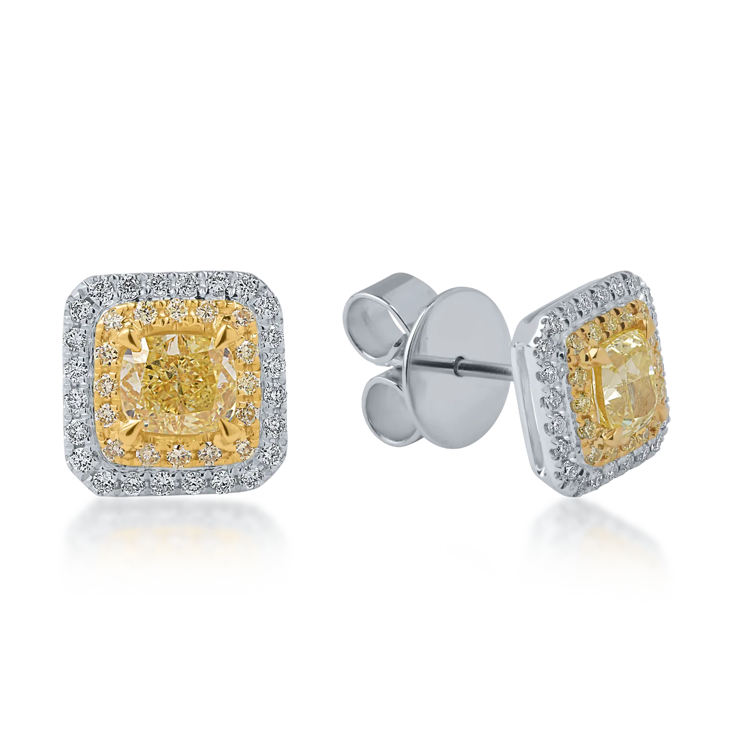 Cercei din aur alb-galben cu diamante galbene de 1.32ct si diamante transparente de 0.24ct