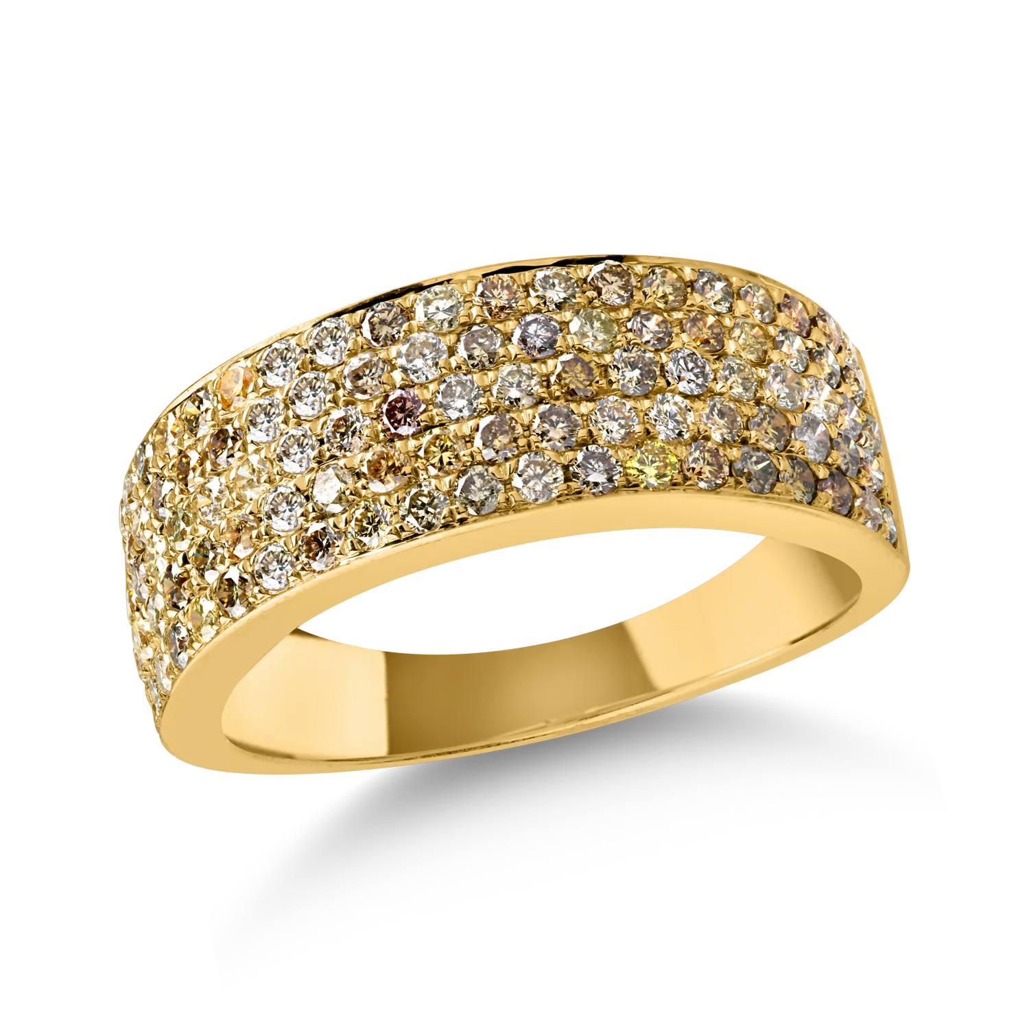 Pierścionek z żółtego złota z wielobarwnymi diamentami o masie 1.08ct
