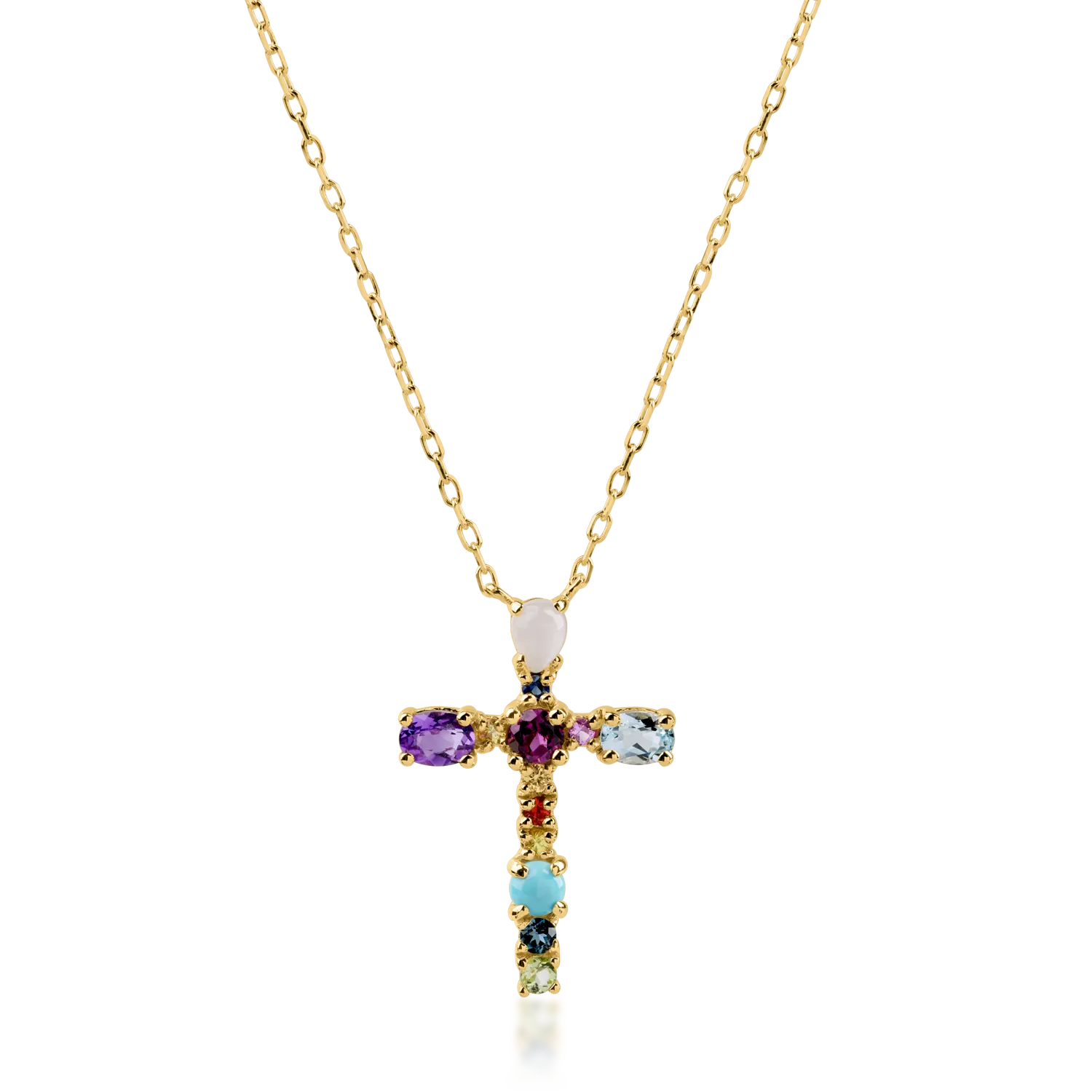 Yellow gold cross pendant necklace with 1.13ct precious and semi-precious stones