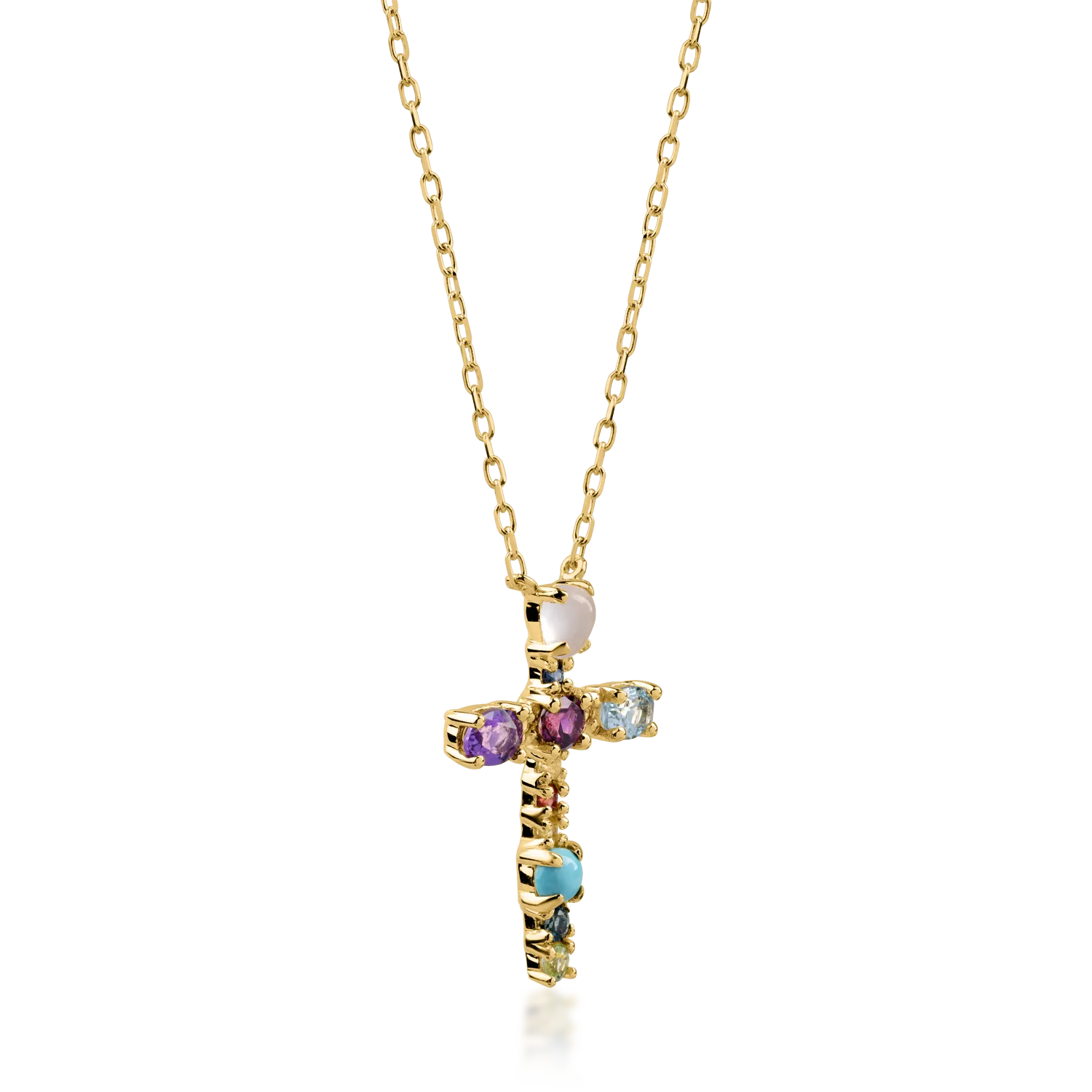 Yellow gold cross pendant necklace with 1.13ct precious and semi-precious stones