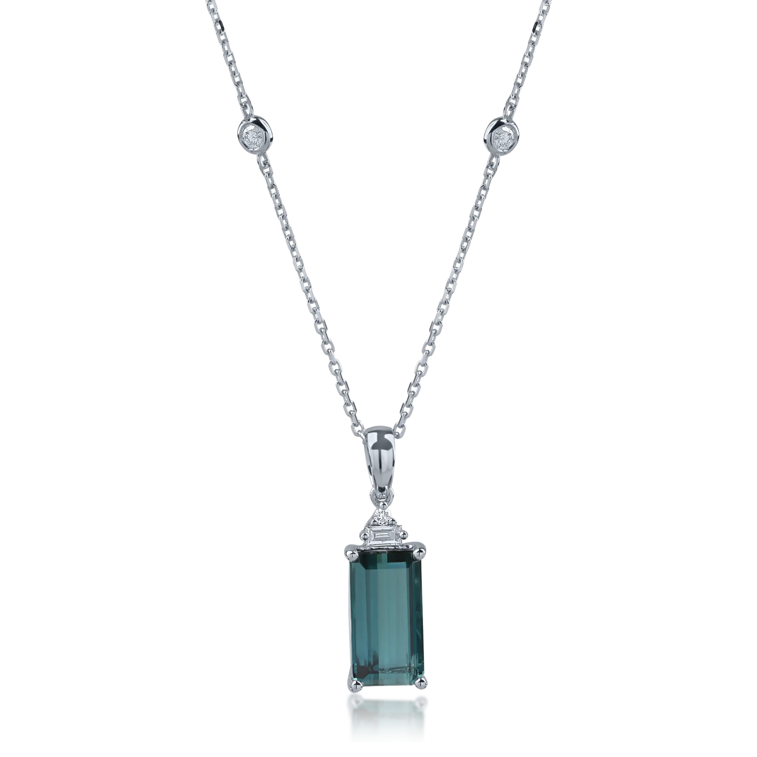Teilor Lant cu pandantiv din aur alb cu turmalina rectangulara de 2.58ct si diamante baguette si rotunde de 0.11ct