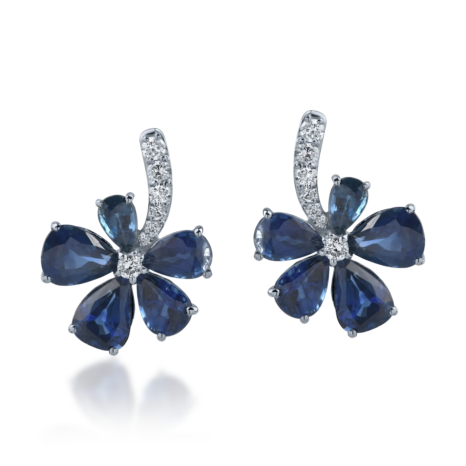White gold flower earrings with 6.08ct heated sapphires and 0.28ct diamonds