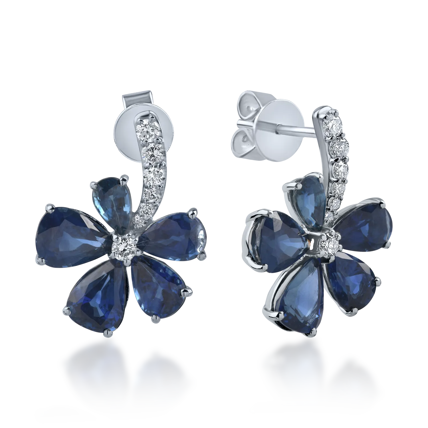 White gold flower earrings with 6.08ct heated sapphires and 0.28ct diamonds