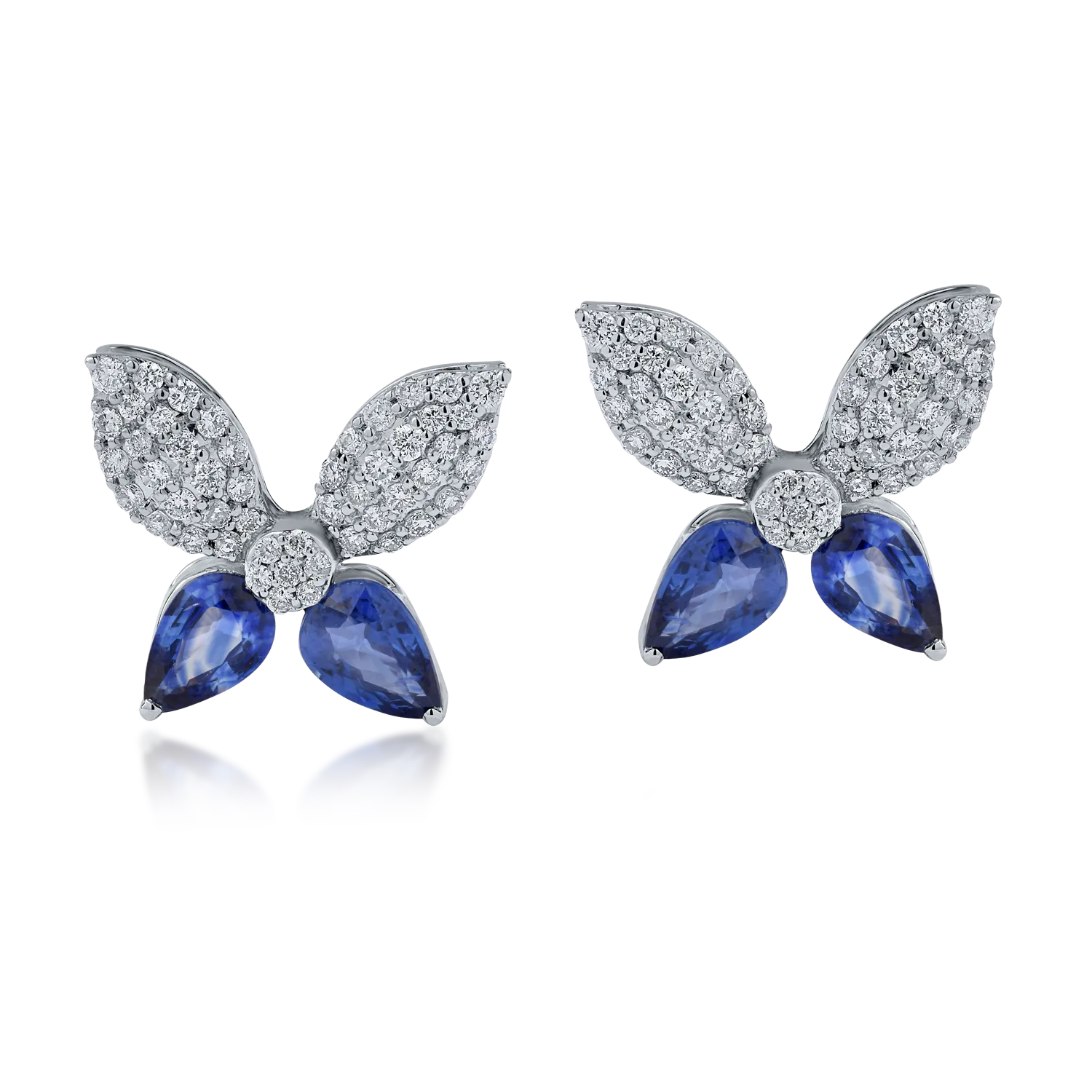 White gold flower earrings with 1.86ct heated sapphires and 0.6ct diamonds