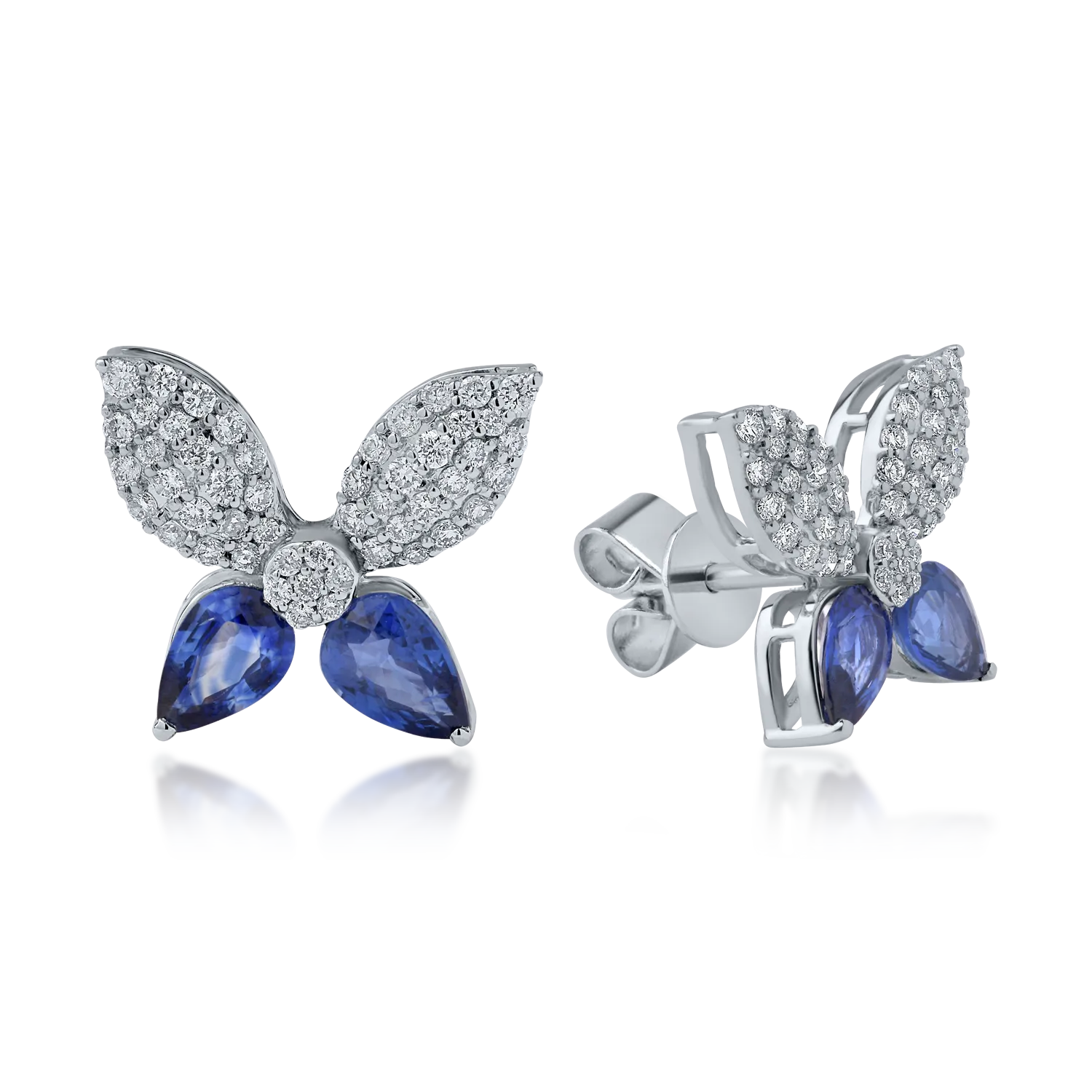 White gold flower earrings with 1.86ct heated sapphires and 0.6ct diamonds