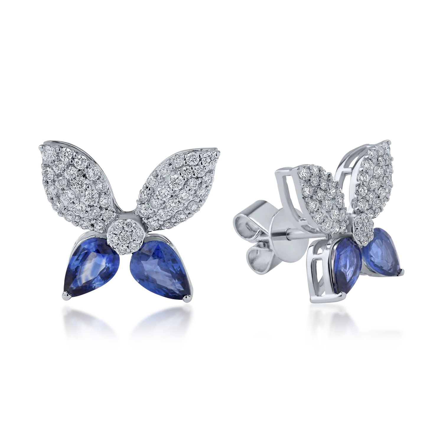 Cercei floare din aur alb cu safire pear de 1.86ct si diamante de 0.6ct