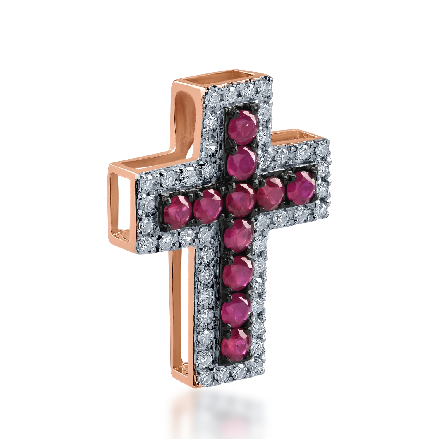 Zawieszka w kształcie krzyża z białego różowego złota z rubinami o masie 0.281ct i diamentami o masie 0.121ct