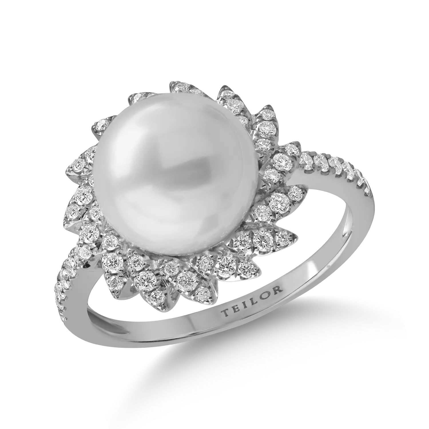 Inel din aur alb cu perla de cultura de 6.5ct si diamante de 0.3ct