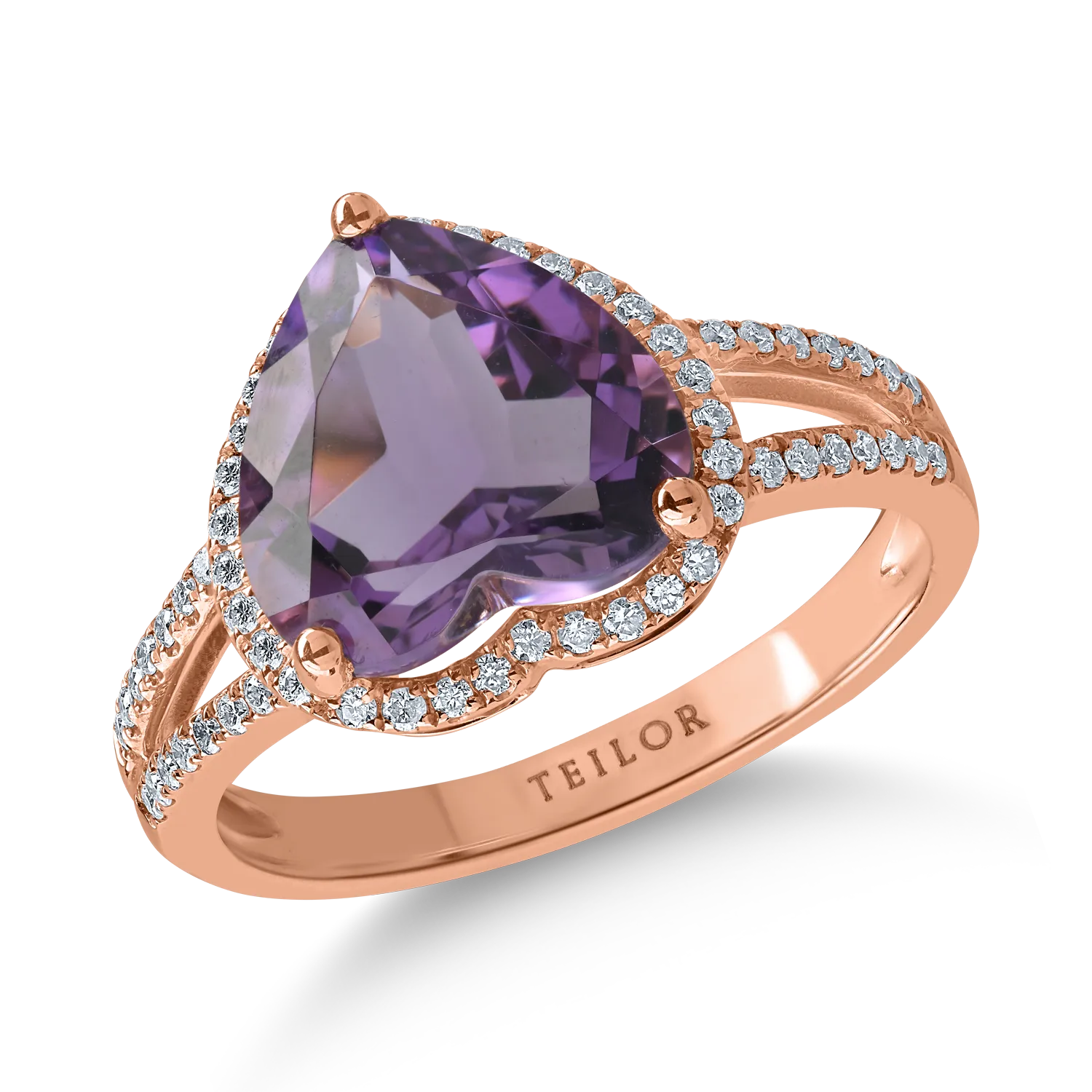 Rose gold heart ring with 3.24ct amethyst and 0.23ct diamonds