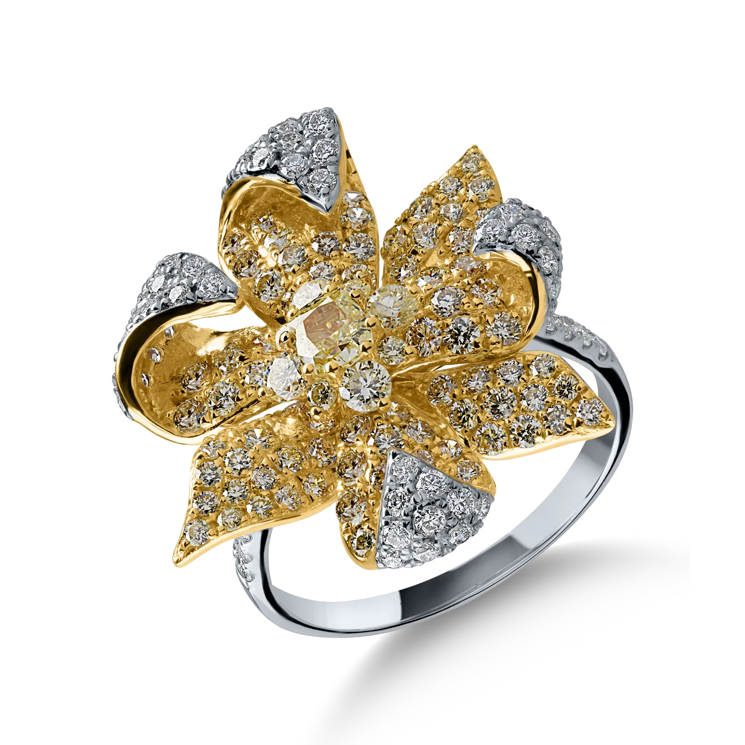 Sárga-fehér arany virággyűrű 2.05ct gyémántokkal