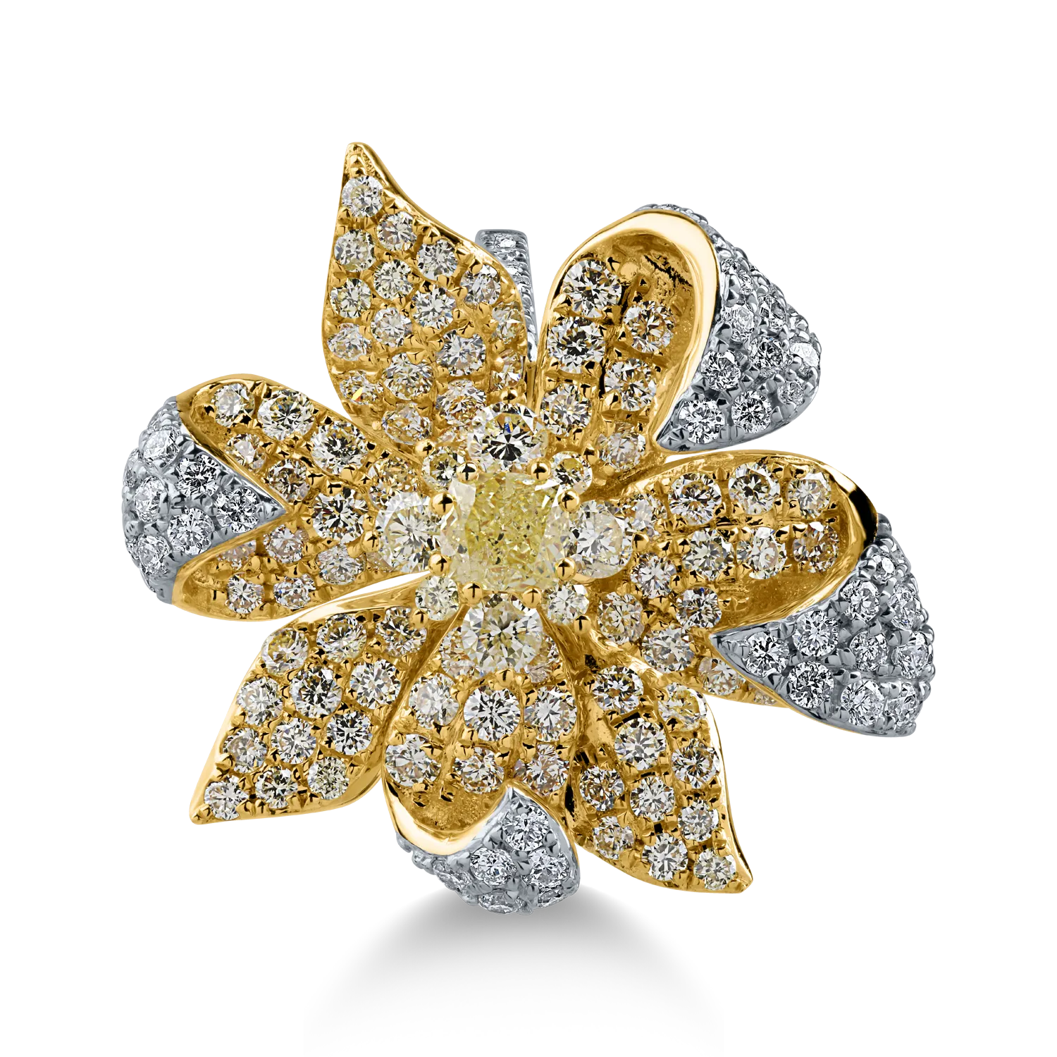 Пръстен с цветя от жълто-бяло злато с диаманти 2.05кт