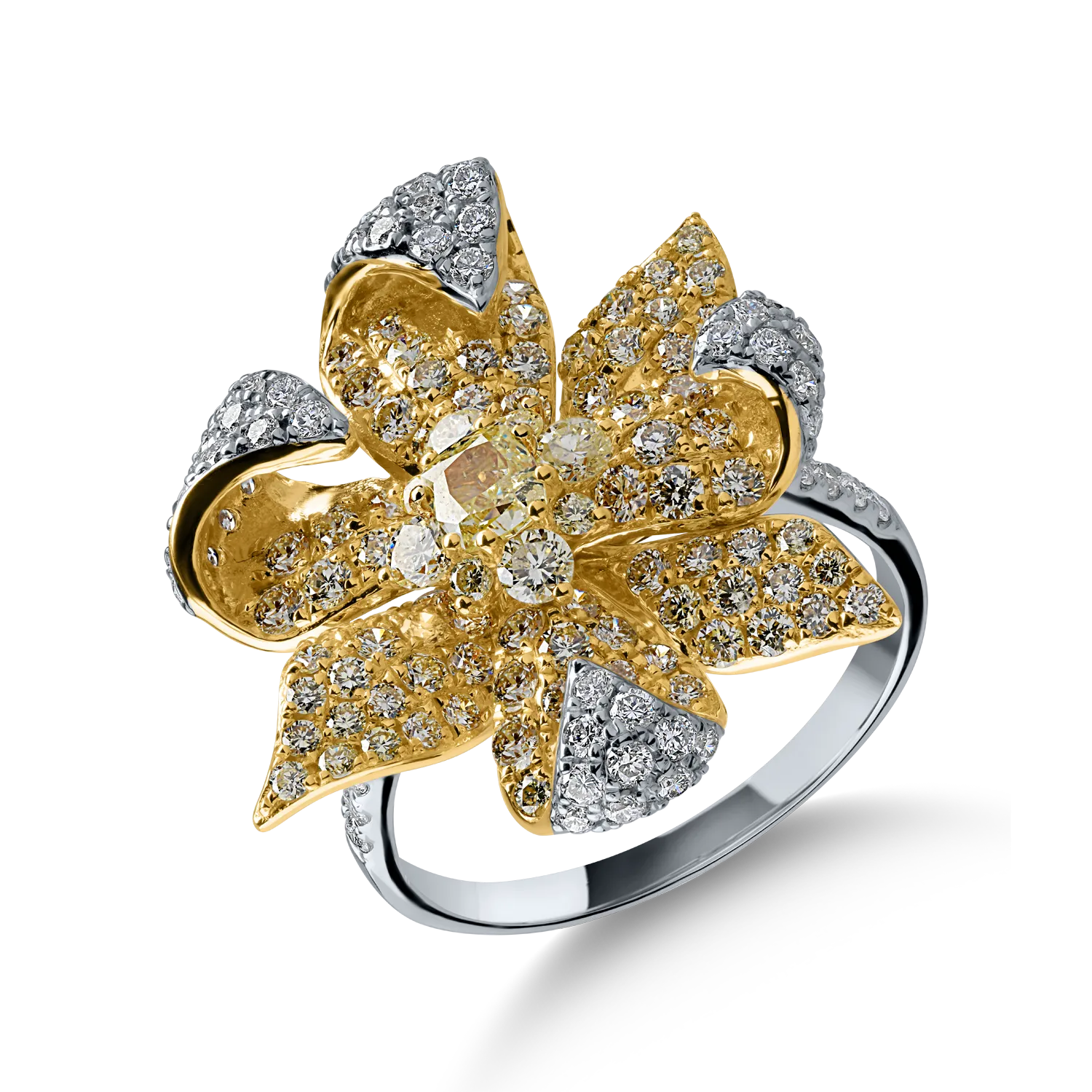 White-yellow gold flower ring with 2.05ct diamonds
