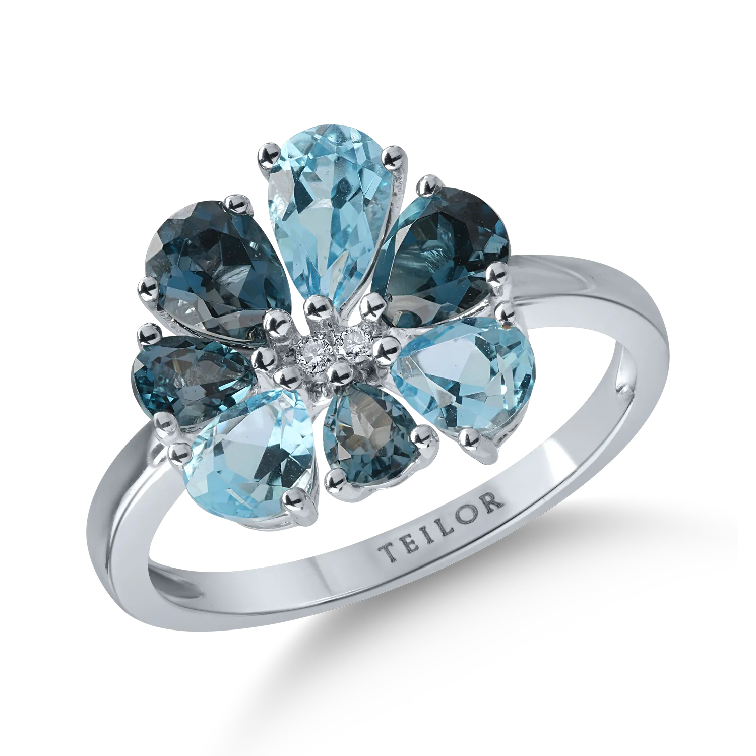 Fehérarany virággyűrű 2.64ct topázokkal és 0.02ct gyémántokkal