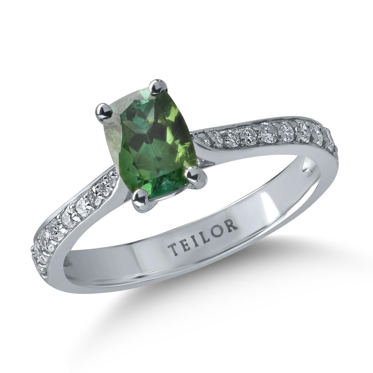 Inel din aur alb cu turmalina verde de 0.83ct si diamante de 0.24ct