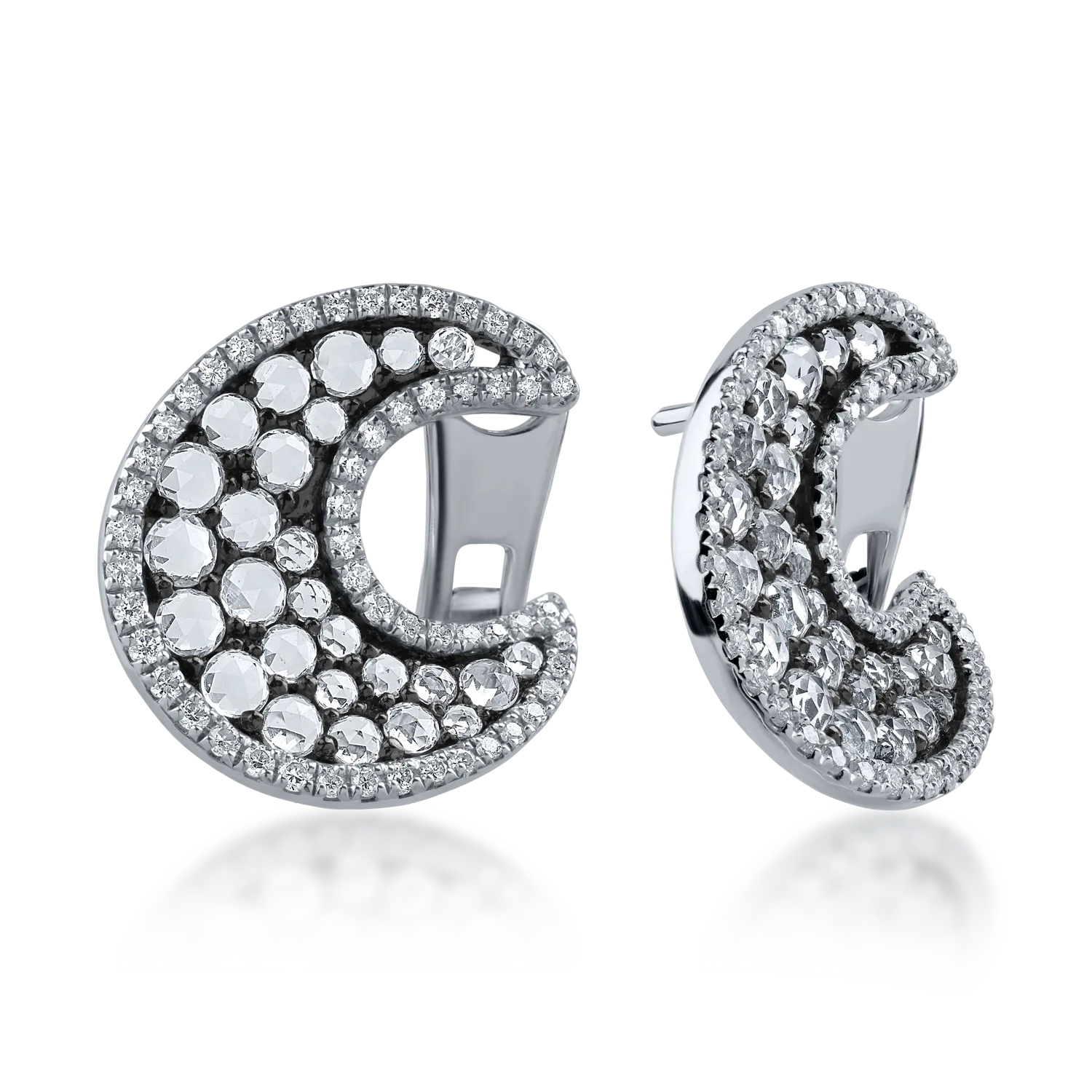 Cercei semiluna din aur alb cu safire albe taietura rose de 1.35ct si diamante de 0.36ct