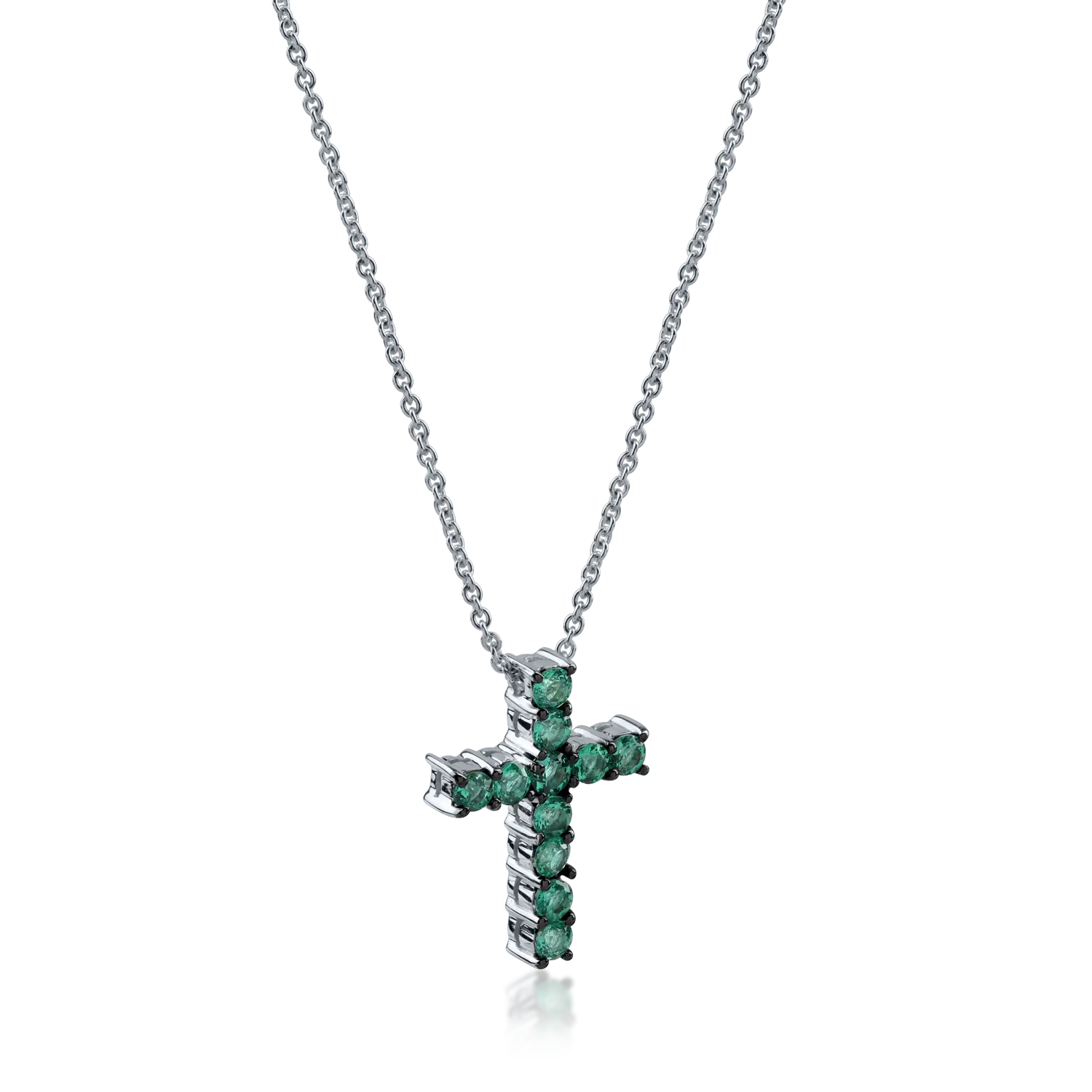 White gold cross pendant necklace with 0.55ct emeralds
