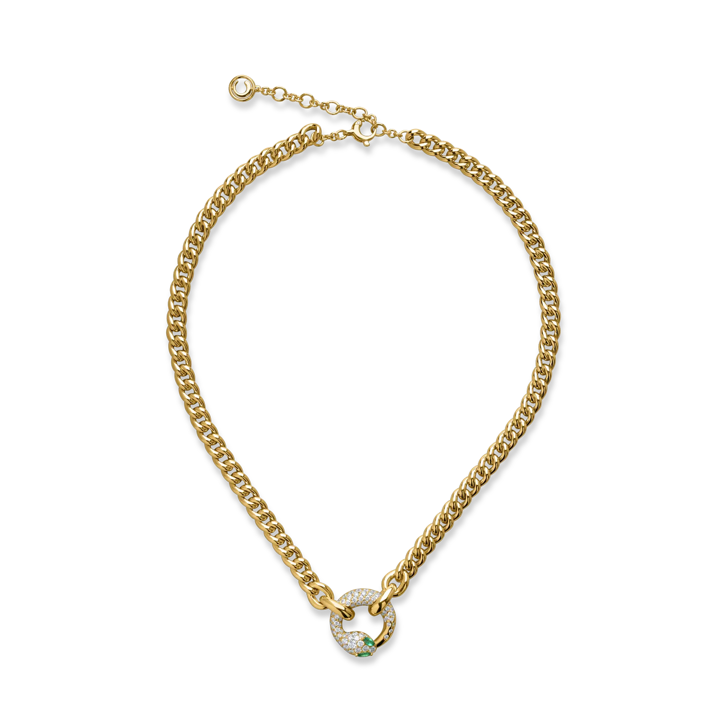 Yellow gold snake pendant necklace with 0.18ct emeralds and 1.42ct diamonds