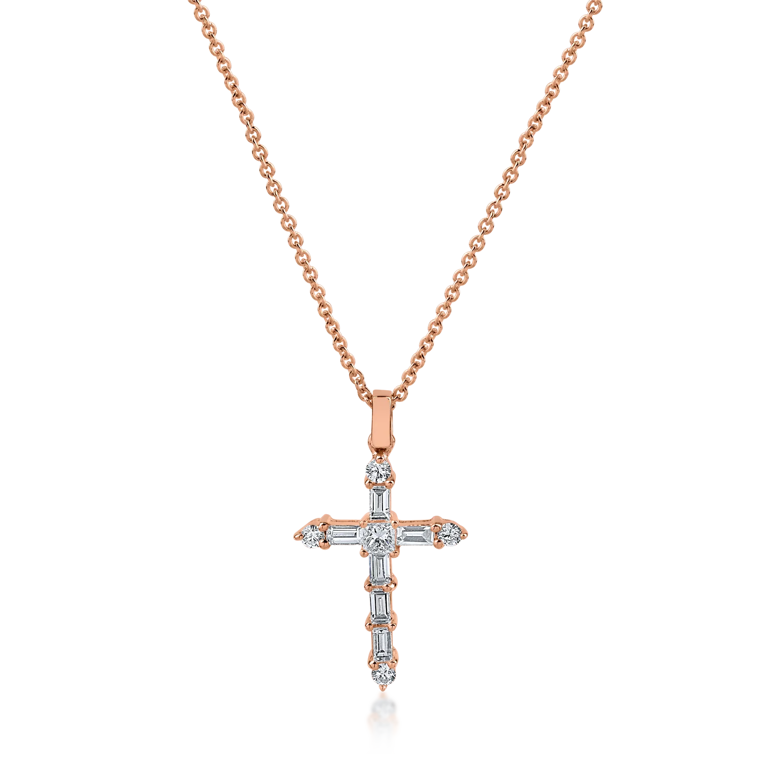 Lant cu pandantiv cruce din aur roz cu diamante baguette, princess si rotunde de 0.4ct